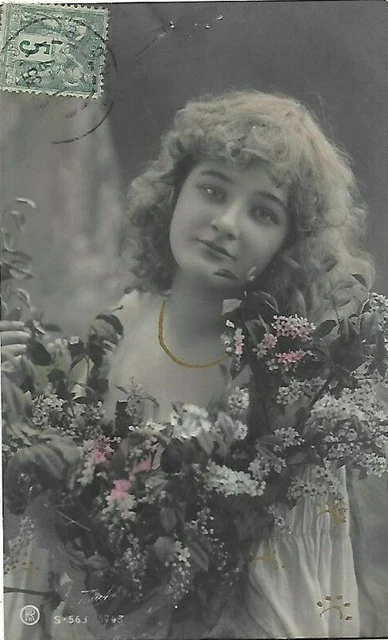 CPA Antique Beautiful Girl Flower Old Gold Postcard