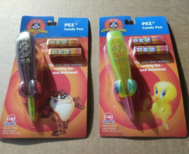 2 PEZ LOONEY TUNES Candy Pens (1999), Tweety Bird & Taz, on cards