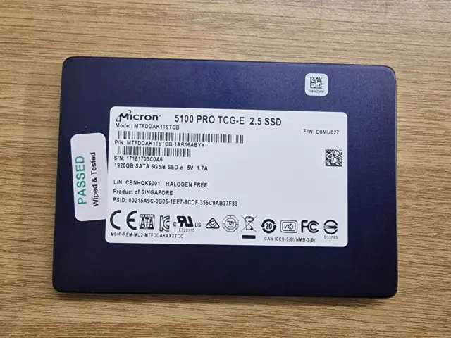 Micron 5100 PRO TCG-E Series 1.92TB SATA 2.5in 6Gb/s SSD MTFDDAK1T9TCB inc VAT