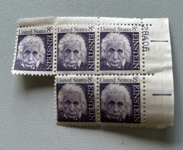 1966, Albert Einstein, "Un-Used" Plate Block US Stamps (Scarce / Vintage)