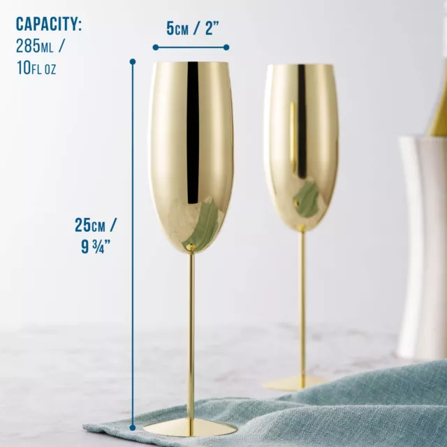 4 Champagne Flutes Stainless Steel Gold Prosecco Glasses Partyware 285ml Xmas 3