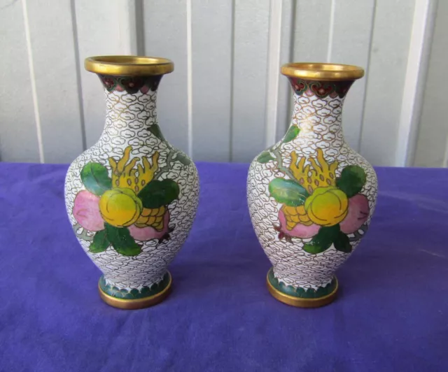 Cloisonne Vase Flowers and Blue Bird Motifs Chinese 11cm Tall x 2 Vintage