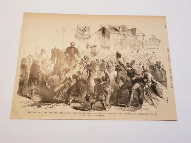 General McClellan Army Passing Through Frederick MD 1885 Engraving Civil War