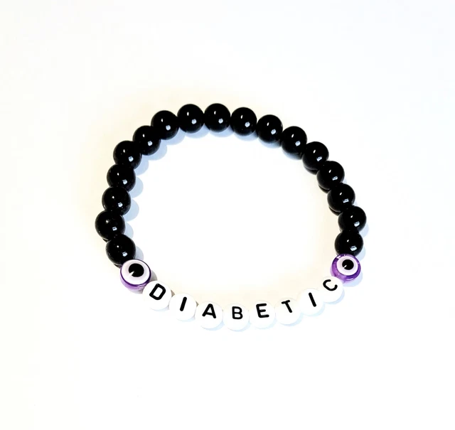 Pulsera de alerta médica advertencia unisex lila mal de ojo y cuentas negras elásticas