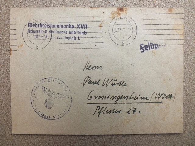 Feldpost : wehrkreiskommando XVII arbeitsstab stalingrad und tunis - wien  1943