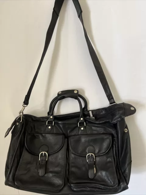 Kenneth Cole Black Soft Leather Weekend Bag 19” Zip Top Hold All Duffel Saddle