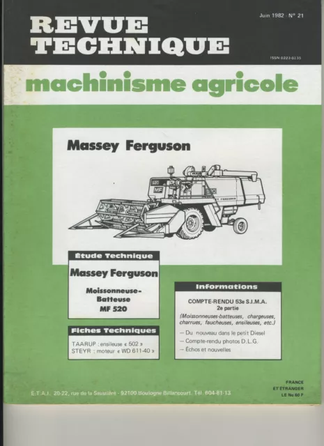 (1A)Revue Technique Machinisme Agricole Massey Ferguson 520 / Taarup / Steyr