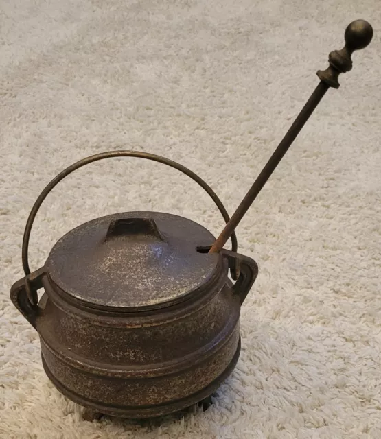 Vintage Cast Iron Fire Starter Smudge Pot Cauldron Lid Pumice Wand Rustic