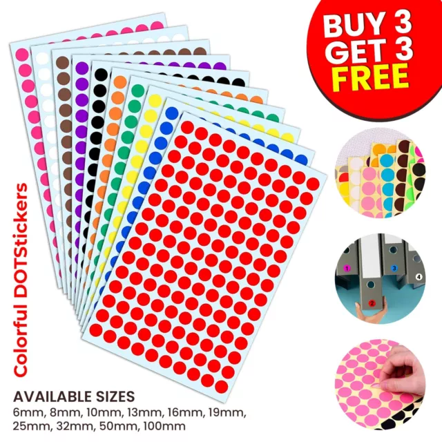 ANY SIZE Coloured Dot Stickers Round Sticky Dots Adhesive Circles Dot Labels