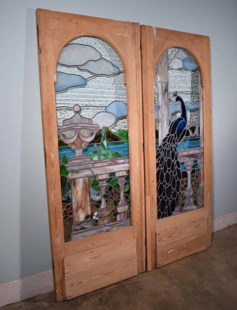*Beautiful Pair of Pine Antique French Stained/Leaded Glass Doors with Peacock 4