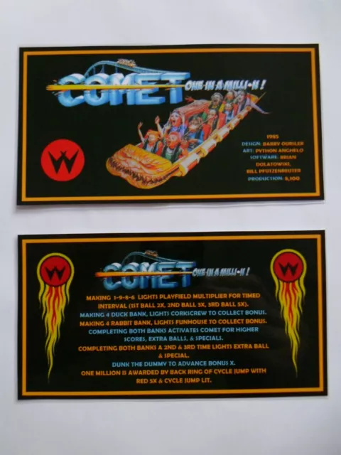 * * 'COMET' Williams 1985 Custom Instruction/Apron Cards  * * (New)