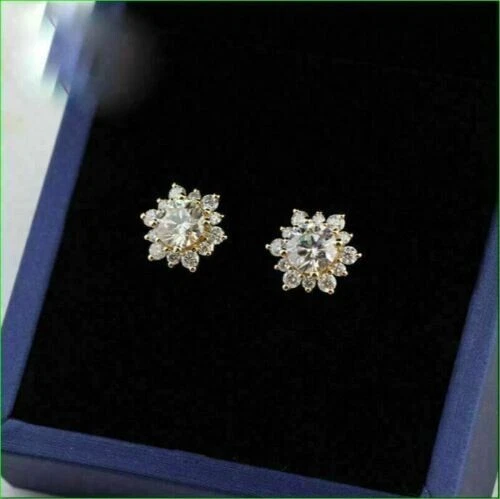 3.20 Ct Round Cut Real Moissanite Snowflake Stud Earrings 14K Yellow Gold Plated