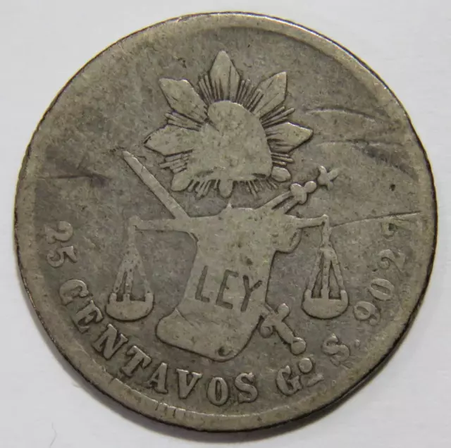 Mexico 25C Centavos 1876 Go S Guanajuato Eagle Snake Silver World Coin 🌈⭐🌈