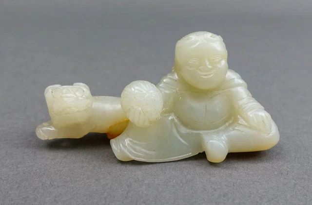 Antique Chinese White Russet Jade Fine Carving Of Buddha With Foo Dog Figurine