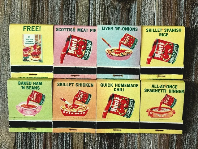RARE 8 Vintage Recipe Matchbooks Matches Hunts Tomato Sauce - Front Strike 1963