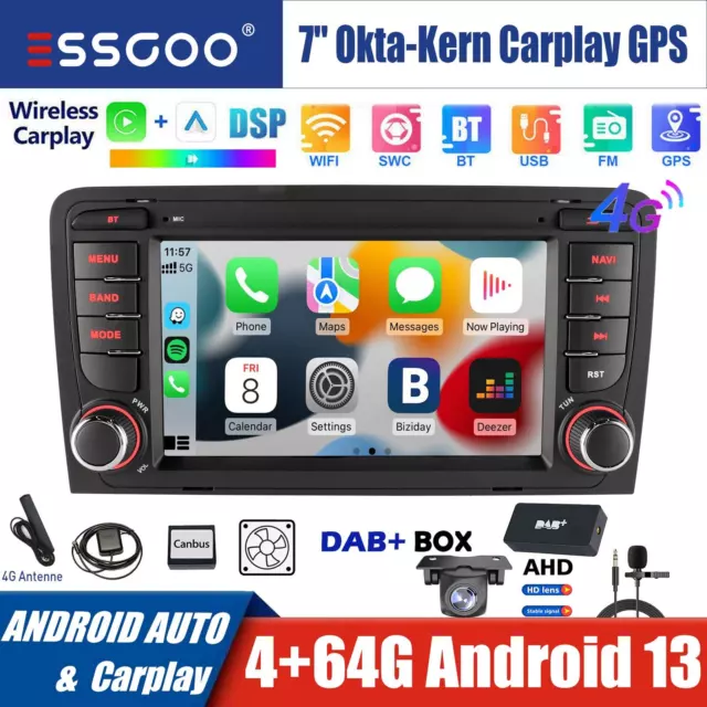4+64G DAB+ Für Audi A3 S3 RS3 8P Android 13 Autoradio Carplay GPS NAV RDS AM Kam