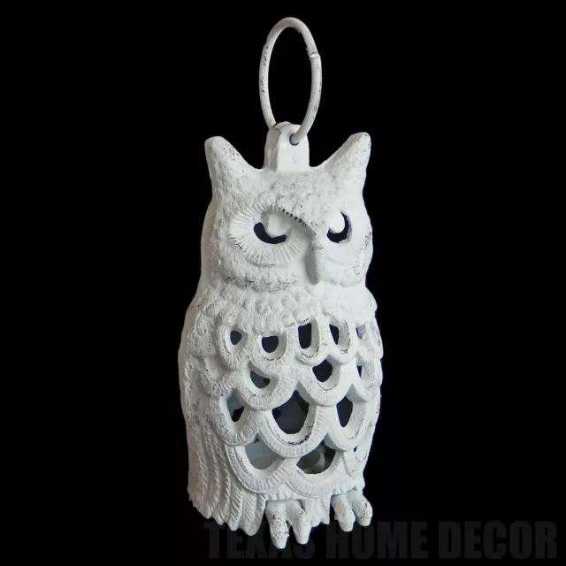 Cast Iron Owl Lantern Candle Holder with Handle Antique White Heavy Duty 7.5"