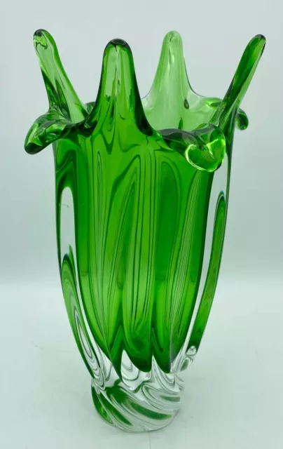 Vtg MCM Large Hand Blown Glass Vase Green & Clear Twist Stretch Design 11" T