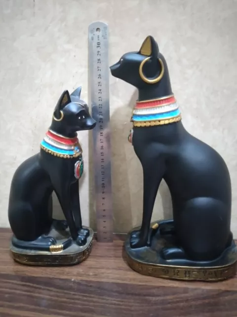 Set Of 2 Goddess Bastet Cat Isis EGYPTIAN ANTIQUE Statue Heavy Solid Stone