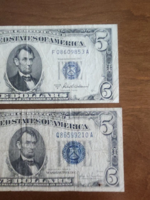Lot Of 2 U.s. 1934. A &  1953. A , (Blue Seal)  5 Dollars Silver Certificates 2