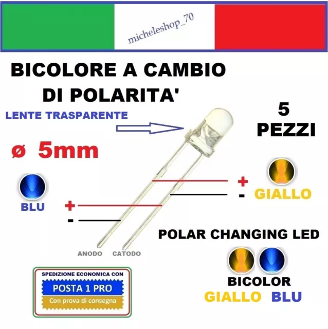 DIODO LED BICOLORE giallo/blu 2pin polar changing ø 5mm lente trasparente  EUR 4,85 - PicClick IT