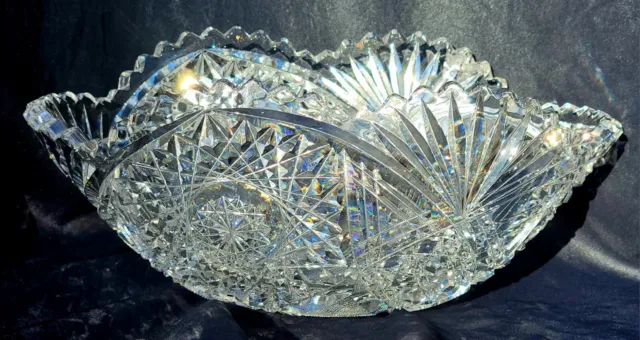 Antique American Brilliant Period Clear Cut Glass Large Oval Bowl Hobstars