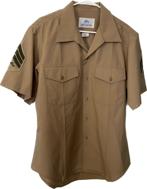 USMC Khaki Shirt 16 1/2  Short Sleeve Poly/Wool Marine Military Dress Uniform