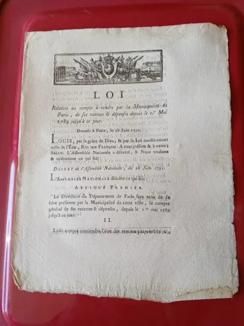 Loi Décret RÉVOLUTION Louis XVI - Recettes Dépenses Municipalité De Paris