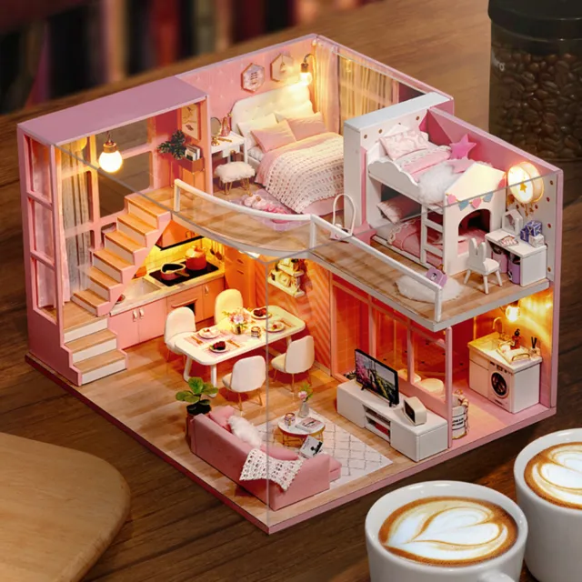 (01)DIY Handmade Miniature Pink Girl Wooden Doll House Model Kits Toy Gi