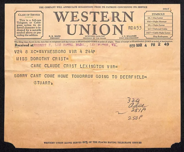 1949 Western Union Telegraph - Waynesboro, VA Dorothy Christ