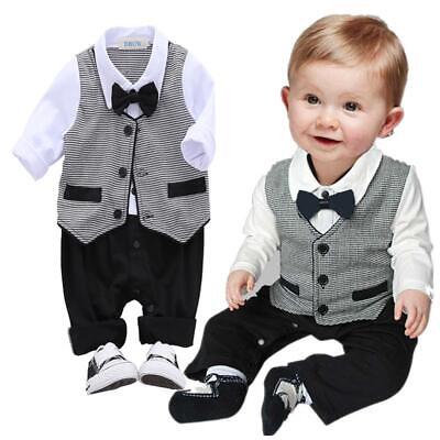 Baby Boy One Piece Christening Bow Tie Formal Tuxedo Romper Outfit Wedding Party