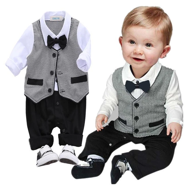Baby Boy One Piece Christening Bow Tie Formal Tuxedo Romper Outfit Wedding Party