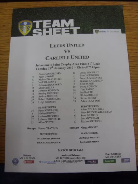 19/01/2010 Colour Teamsheet: Johnstones Paint Trophy Area Final - Leeds United v