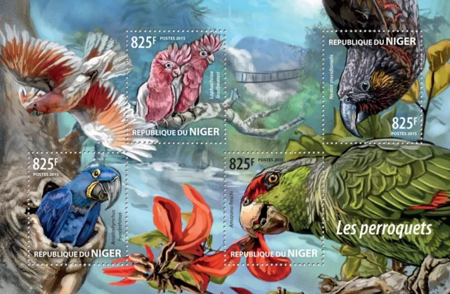 Birds on Stamps Niger 2015 MNH Parrots Amazons Macaws Cockatoo Kaka 4v M/S