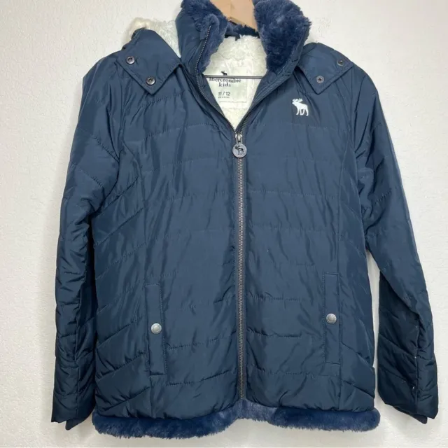 Abercrombie Kids Sherpa Lined Puffer Jacket 11/12 Navy Blue Hooded  Full Zip