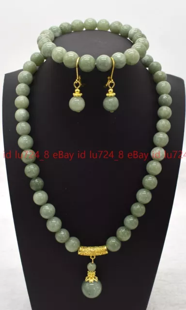 Natural 10mm A Green Jade Round Beads Pendant Necklace Bracelet Earrings Set AAA