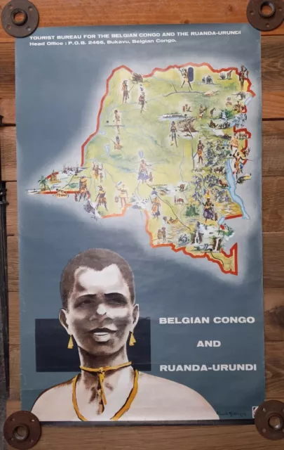 1960 Vintage Original Belgian Congo Ruanda-Urundi Tourist Bureau Travel Poster