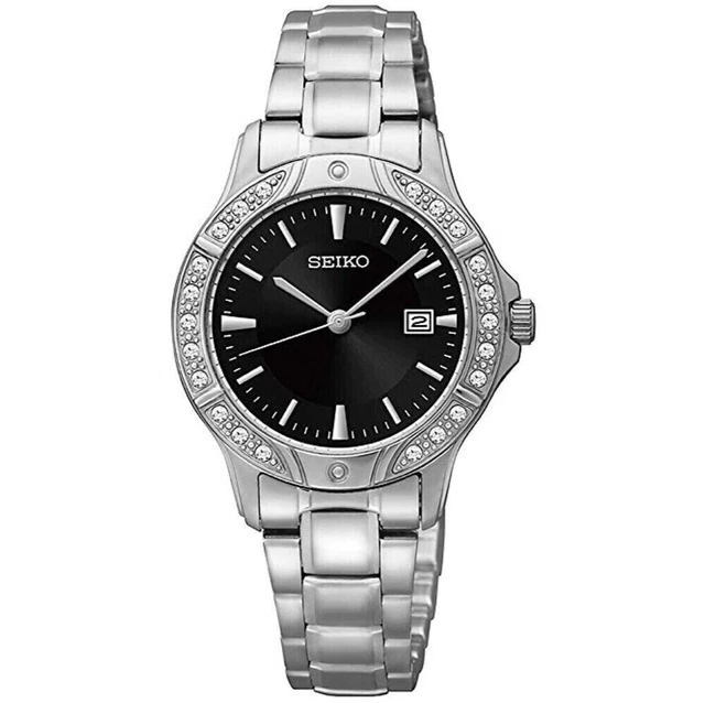 Seiko SUR877 Black Dial Swarovski Crystal Silver Tone Stainless Ladies Watch