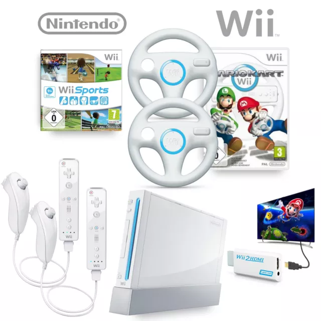 Nintendo Wii Konsole weiß HDMI Adapter + ORIGINAL Remote - Mario Kart Wii Sports