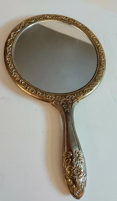 Vintage 1940s Silver Plated Hand Mirror - Raised floral design Stunning Ornate