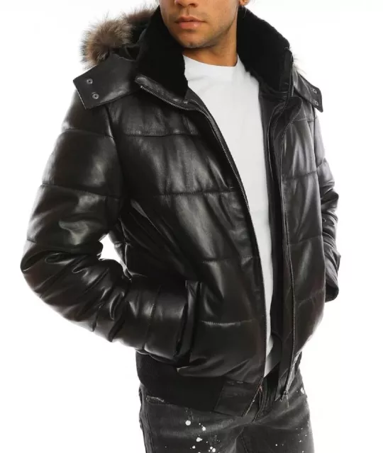 NEW MEN'S DAWN Puffer Jacket Fur Hoodie Jacket Warm Lambskin Leather ...