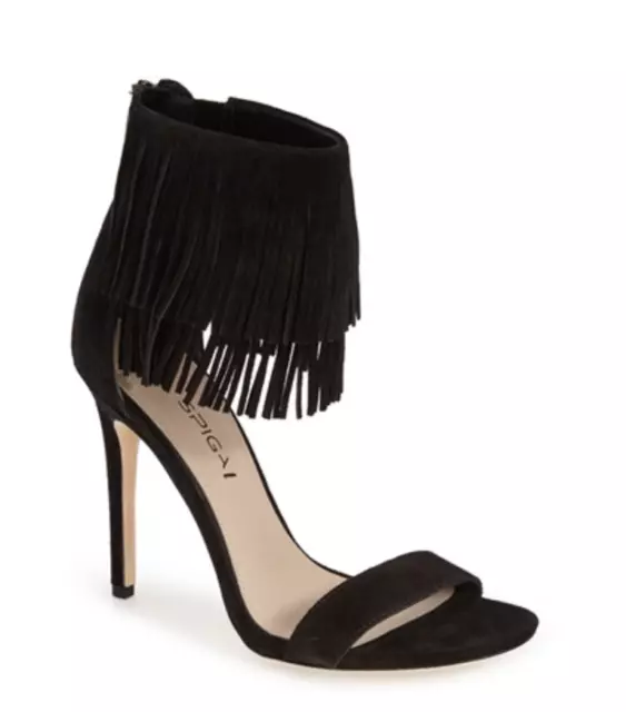 Via Spiga Black Suede Leather Leather Tabia Fringe Ankle Strap Sandals Size 6