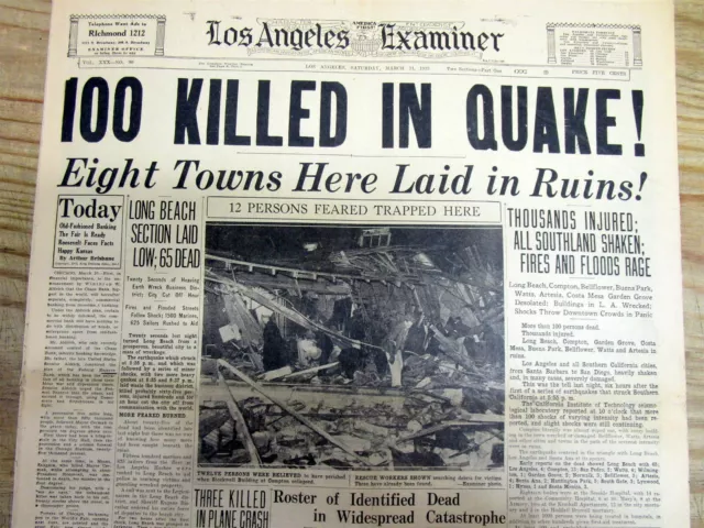 Best 1933 Los Angeles headline / display newspaper wth THE LONG BEACH EARTHQUAKE