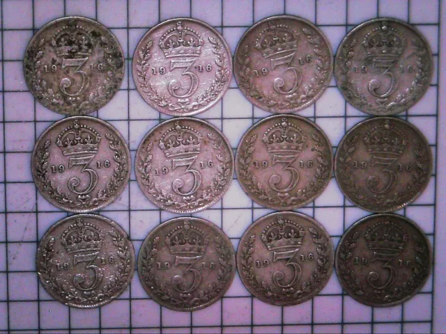 12 x 1916 silver 3d maundy threepences in very nice condition