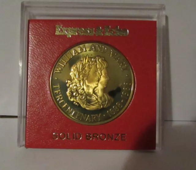 solid bronze token for the Tercentenary of William and Mary. 1688-1988. Superb.