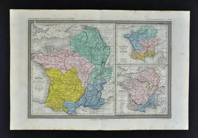 1862 Ansart Map - Ancient Gaule - France Primitive to Roman Gaul Lutetia Paris
