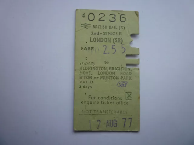 1977 London To Aldrington Brighton LRB Hove Preston Park Railway Station Ticket