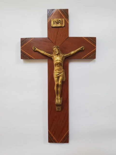 CRUCIFIX Ancien CROIX Avec CHRIST - Support En BOIS MARQUETÉ -