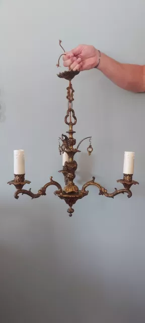 Vintage Antique Brass 3 Arm Ceiling Light Chandelier Candelabra Heavy & Ornate