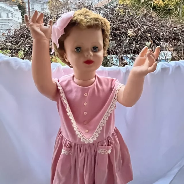 Vtg Tall Doll Sleepy Eyed Rooted Hair Pink White Dress Black Shoes